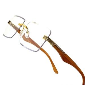 Rimless Rectangle Hip‎ Hop Sunglasses Wood Grain Arms Rhinestone Accents Men New